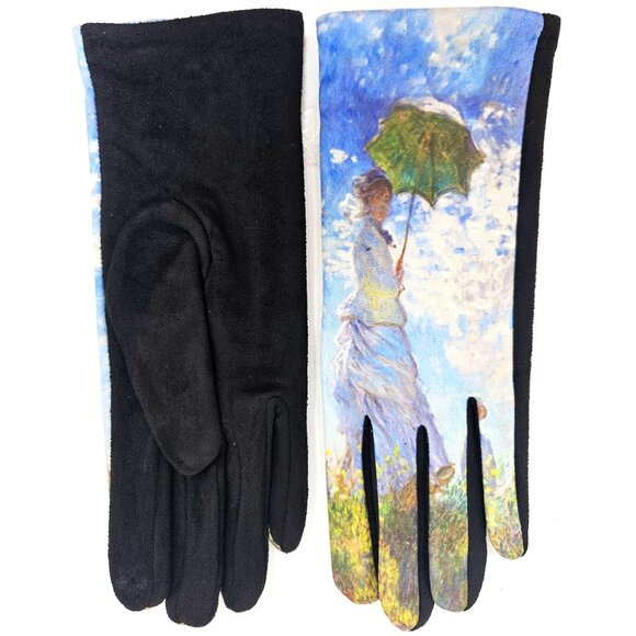 Women's Fleece Gloves, Claude Monet's "Woman with Parasol" Print, 9" Long - Picture 1 of 5